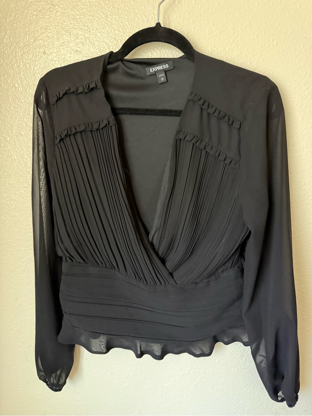 Express Black Pleated Wrap Blouse with Ruffle Trim